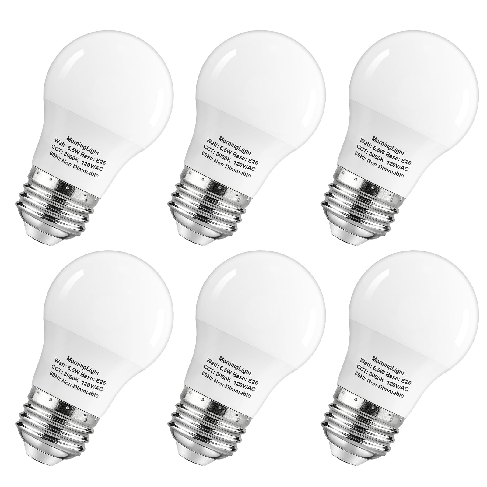 MorningLight A15 LED Bulb 60Watt Equivalent, 3000K Soft White, 600 Lumens Bulb, E26 Base, Non-Dimmable, ETL Listed, A15 6.5W LED Light Bulbs for Ceiling Fan, Modern & Rustic Lighting Fixtures, 6-Pack