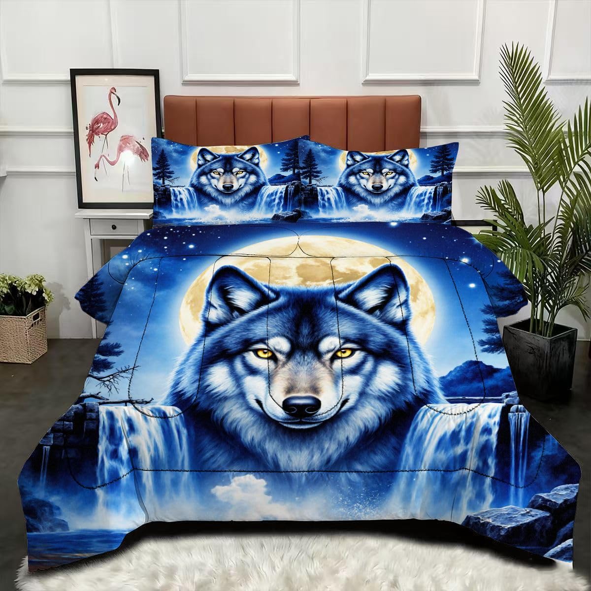 Couette 220 x 240 cm loup animal 3D parure de lit 4 saisons réversible pour 2 personnes