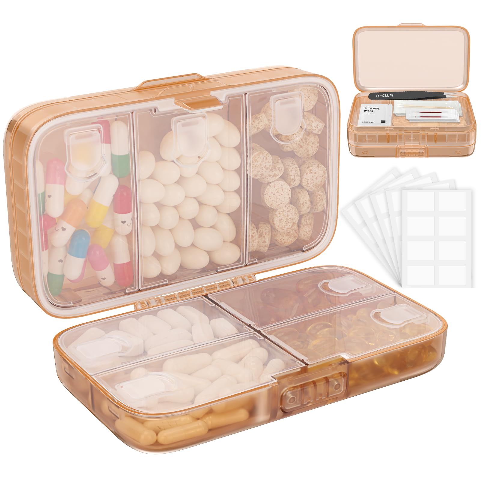 FYY Weekly Pill Organizer with Labels,8 Compartments Travel Daily Pill Case Airtight Moistureproof Large Pill Box to Hold Vitamins, Fish Oil,