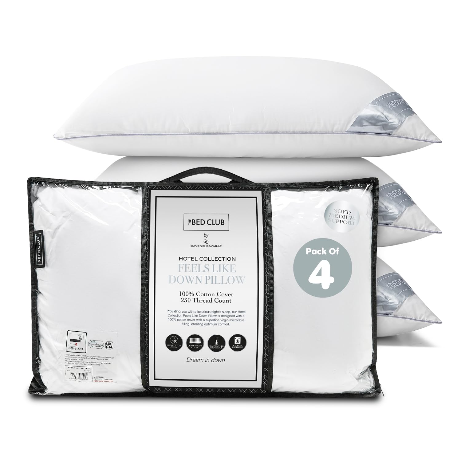 GC GAVENO CAVAILIA Hotel Collection Soft Pillow 4 Pack | Bounce-Back Neck Support Pillow With 100% Cotton Cover | Hypoallergenic Hotel Quality Pillows For Sleeping Back & Side Sleepers Pillow 74x48cm