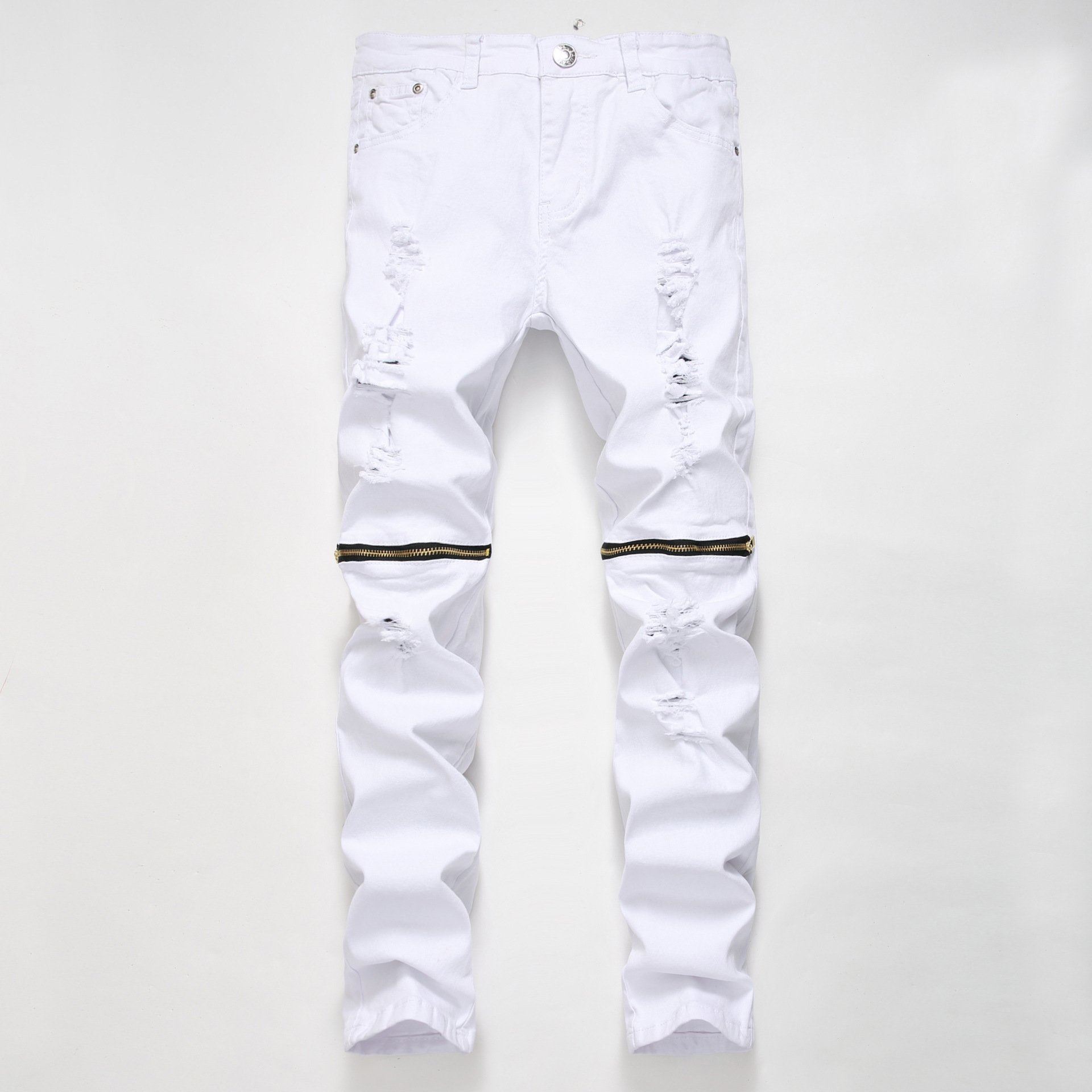 Jeans Pantalon Herrenmode-Reißverschluss-Dekoration Lässige Jeans Weiße Hochelastische Baumwollhose Mit Mehreren Reißverschlüssen