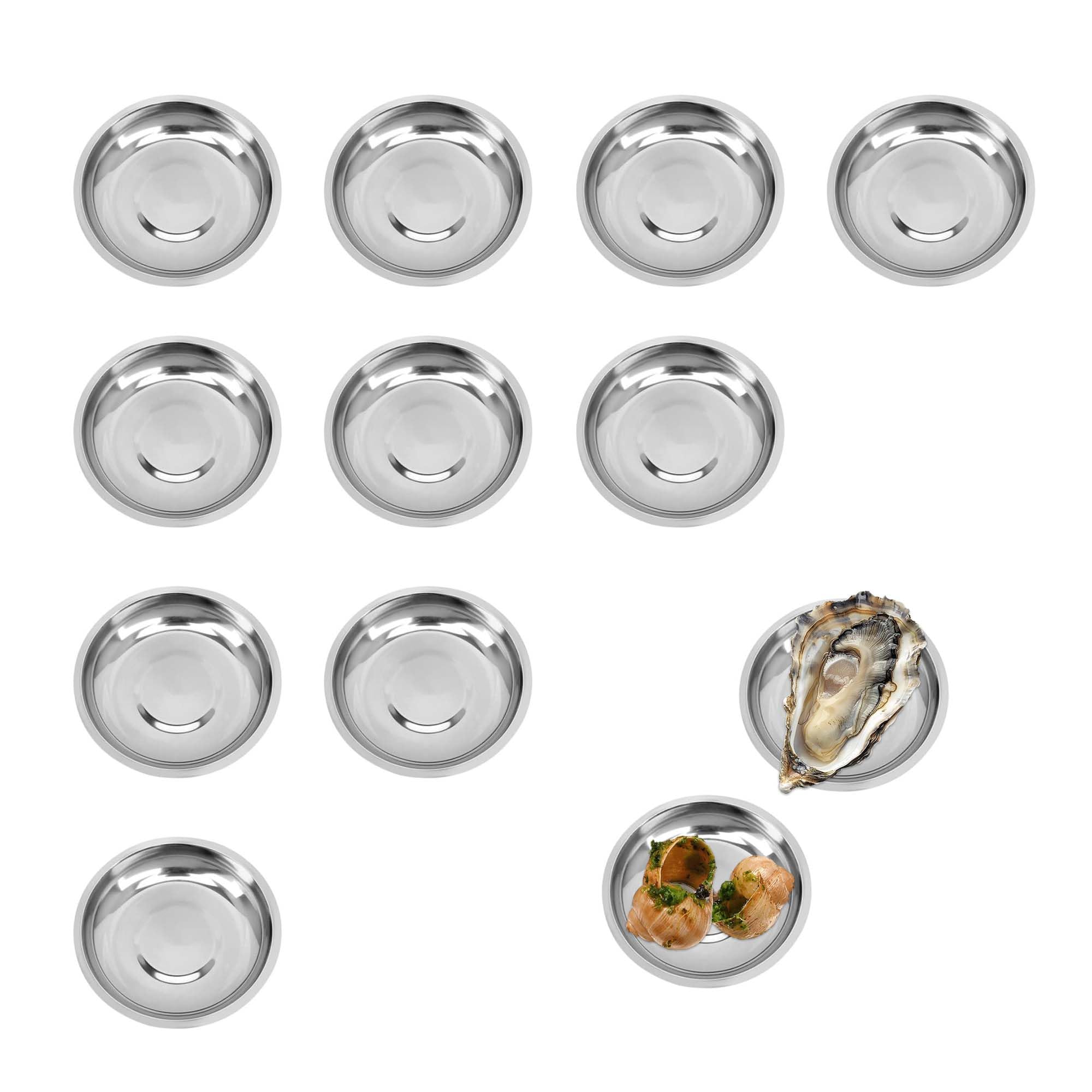 10 piatti in acciaio inox, per frutti di mare, piatti per salse, da campeggio, in metallo, per porzionare lumache, ostriche, salsa di soia, ecc. (10 cm)