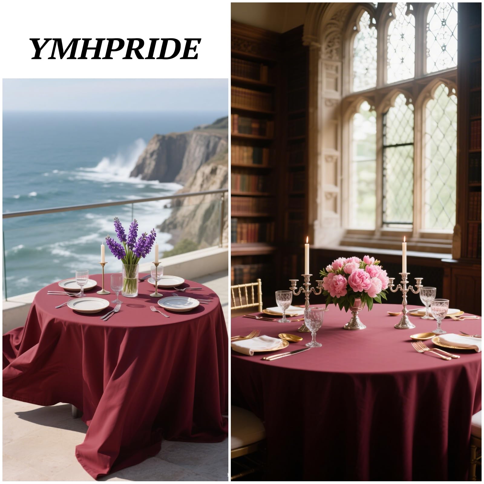 YMHPRIDE 12 nappes rondes bordeaux de 90 pouces, Nappe ronde en tissu polyester lavable pour mariage, banquet, fêtes, dîner de vacances, décoration de table, bordeaux