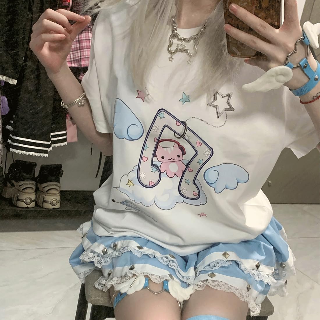 Harajuku - Camiseta estilo kawaii gótico, informal, cuello redondo, suave, dibujos animados, lindo gato, música, ángel
