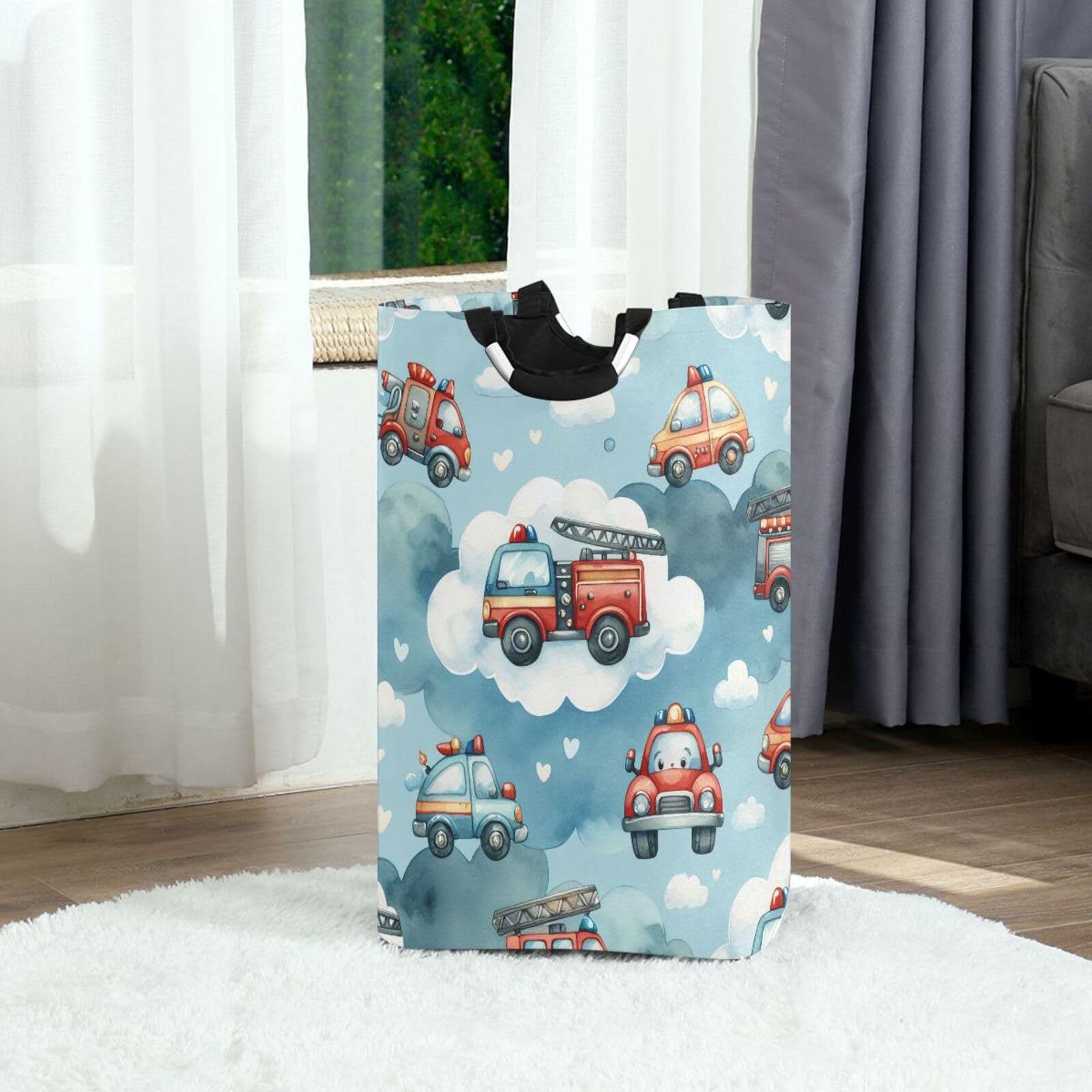 Jihqo Laundry Hamper Basket Cute Cars Trucks Collapsible Nursery Storage Bin Waterproof Clothing Baskets for Home Bedroom Bathroom Washing Room