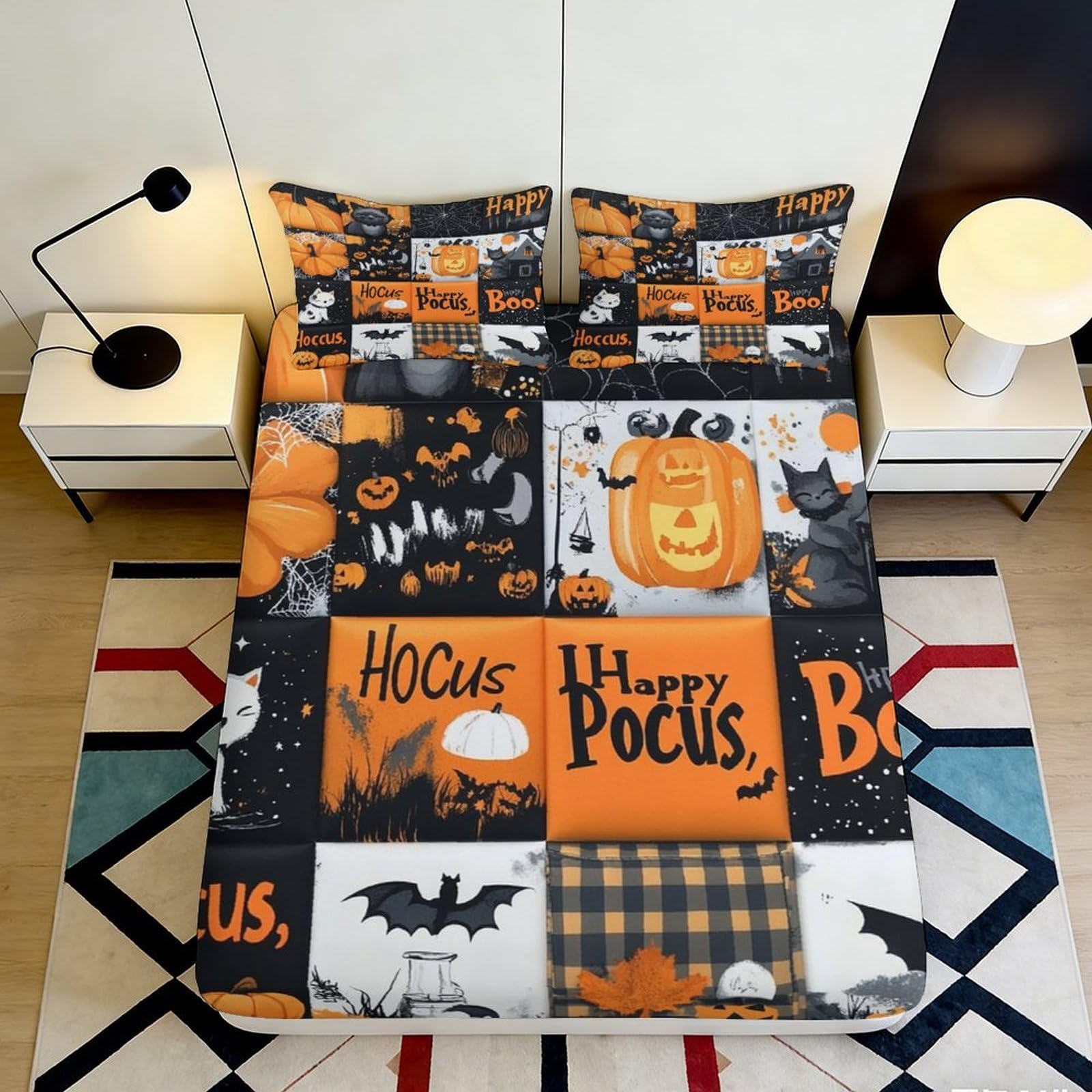 3D Printed Halloween Pumpkin Fitted Sheet Microfiber Soft Breathable Bat Mattress Cover for Bedroom Dorm Decor 90x200x25cm