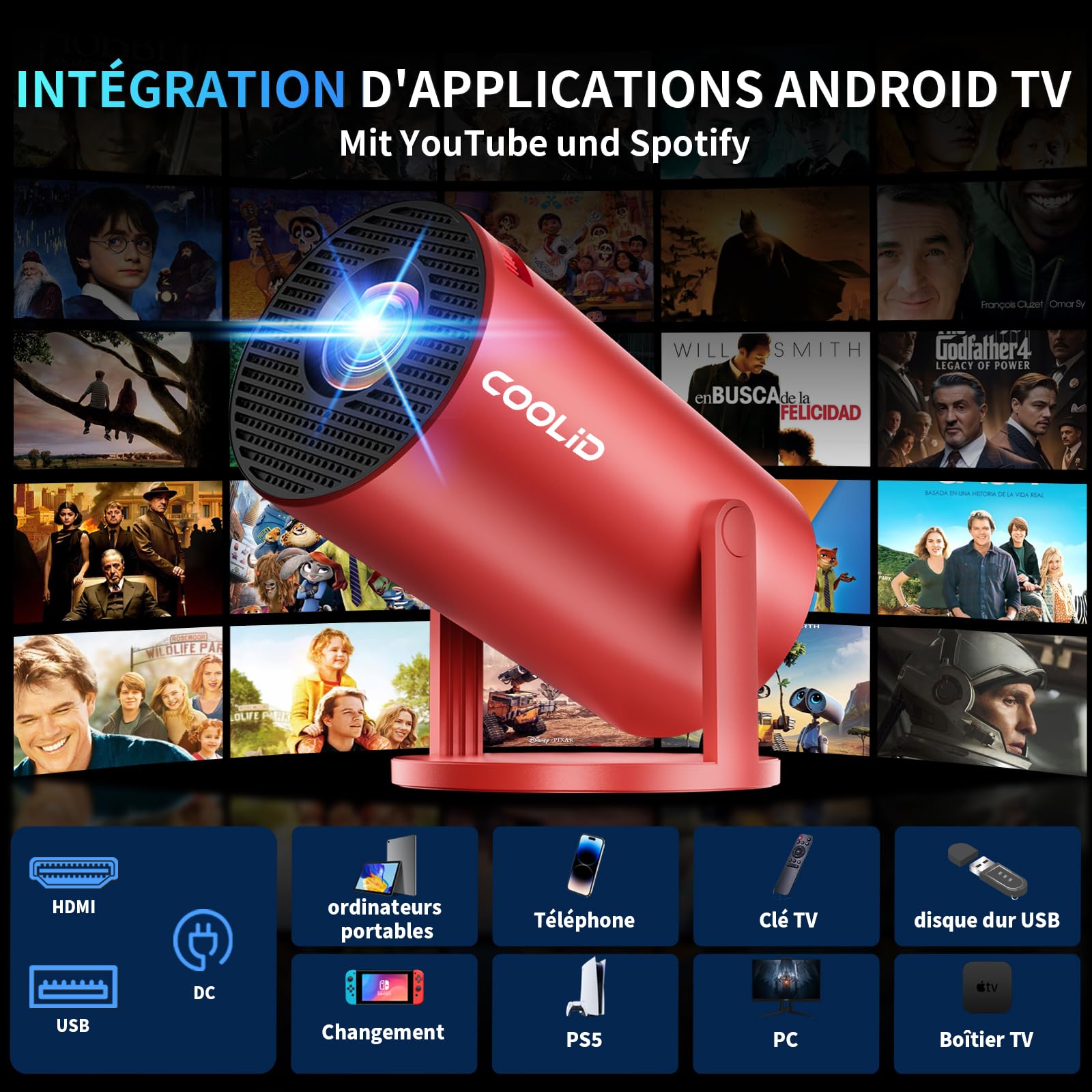 [Apps intégrées & 2026 Upgraded] Mini Vidéoprojecteur Supporte 4K 1080P avec 5G WiFi 6 Et BT 5.2 Le Projecteur Soutien Rotation 180° Portable Projecteur Video Applicable Laptop/HDMI/TV Stick,Rouge
