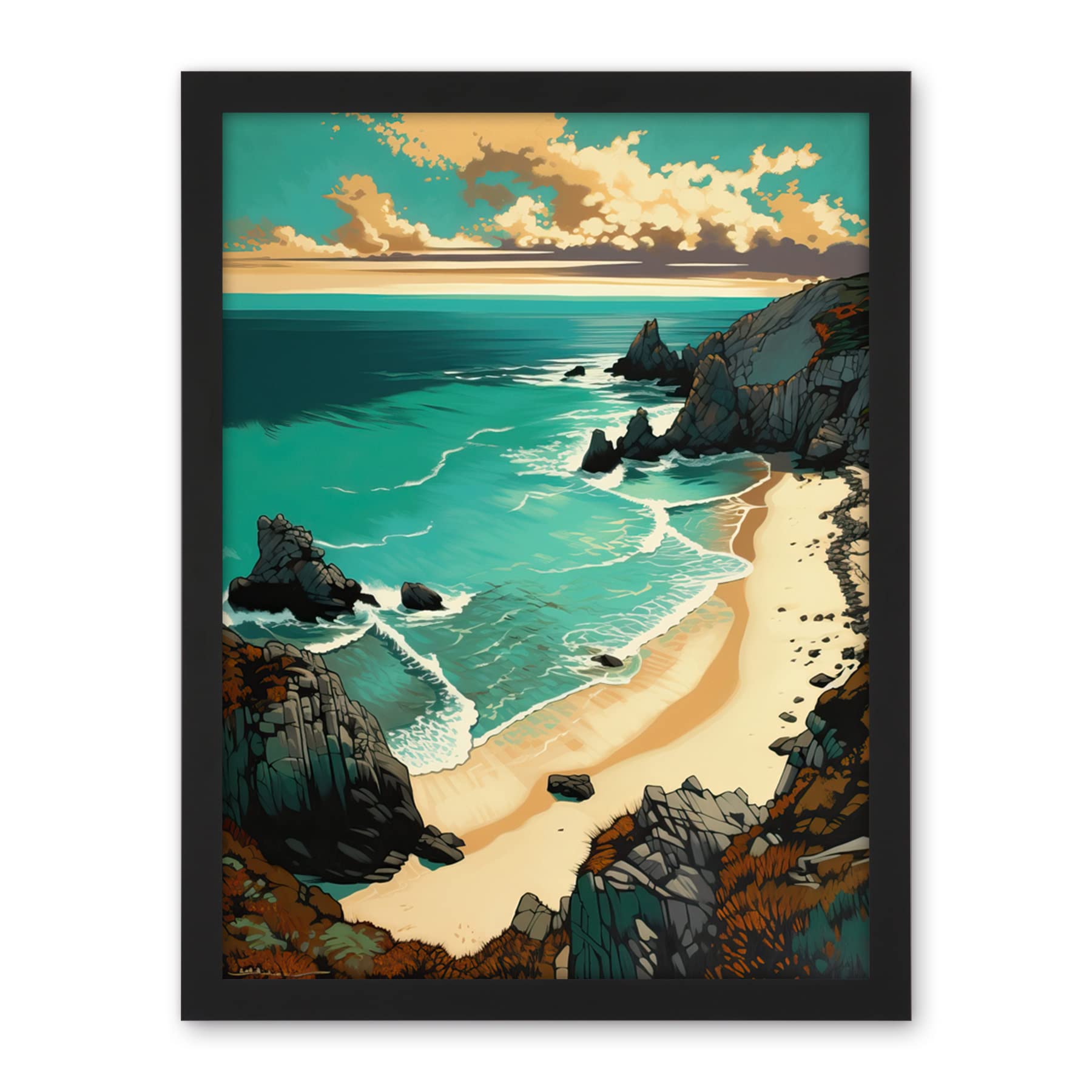Artery8 Porthcurno Sandy Beach Cliffs Coastal Landscape Artwork Framed Wall Art Print 18X24 Inch