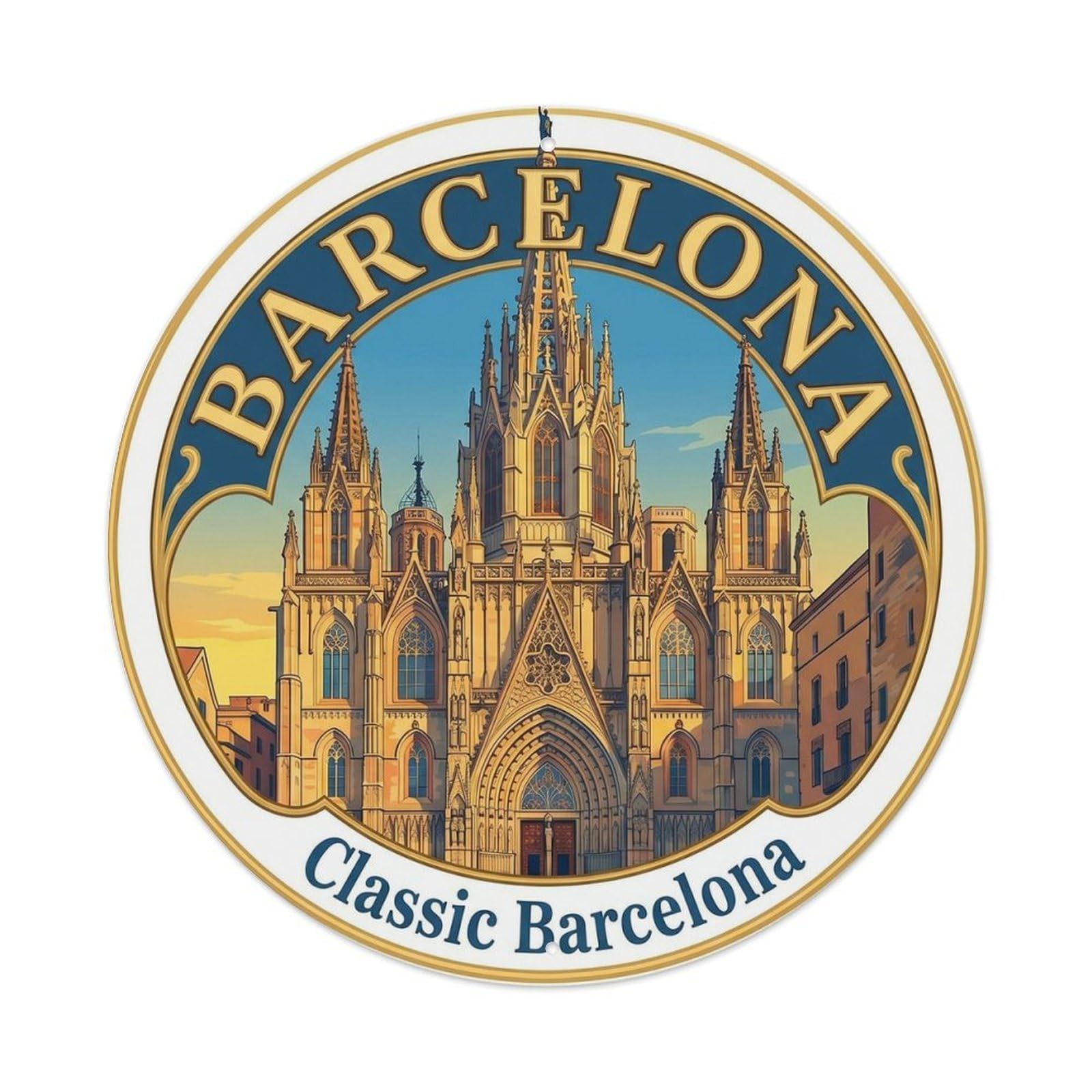 Spanish Barcelona Cathedral Landmark Classic Travel Cityscape Metal Tin Sign Plaque Wall Decor for Cafe, Man Cave, Club Bar, Office, Home Garden Round Metal Poster 8x8Inch