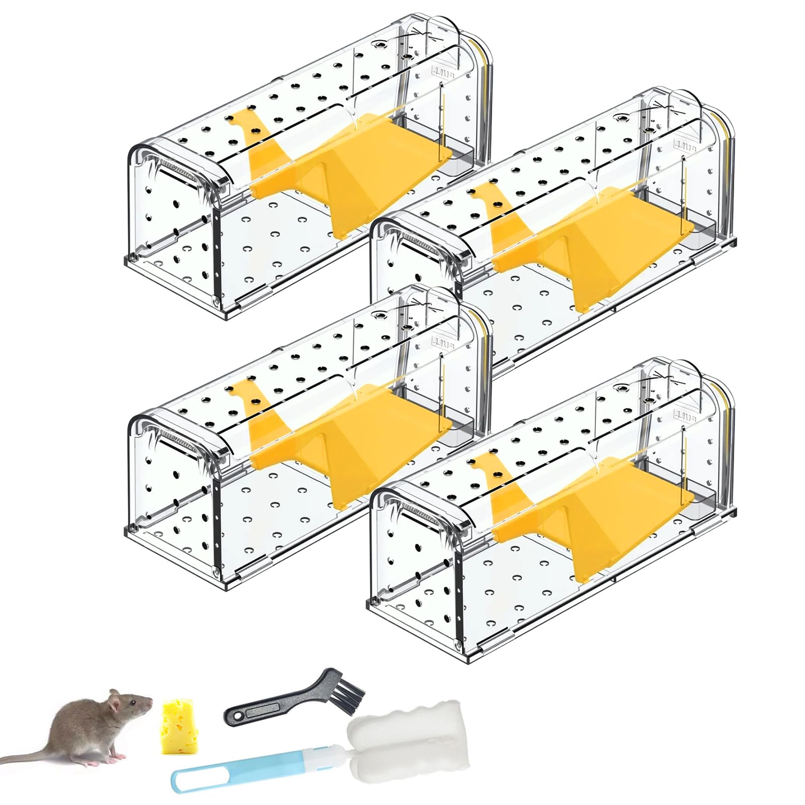 4 Pack Humane Mouse Traps,Pets and Children Friendly Mouse Trap Mice Release Mouse,Washable Reusable Outdoors Rat Traps with Cleaning Brush,Field Mouse Rodent Control