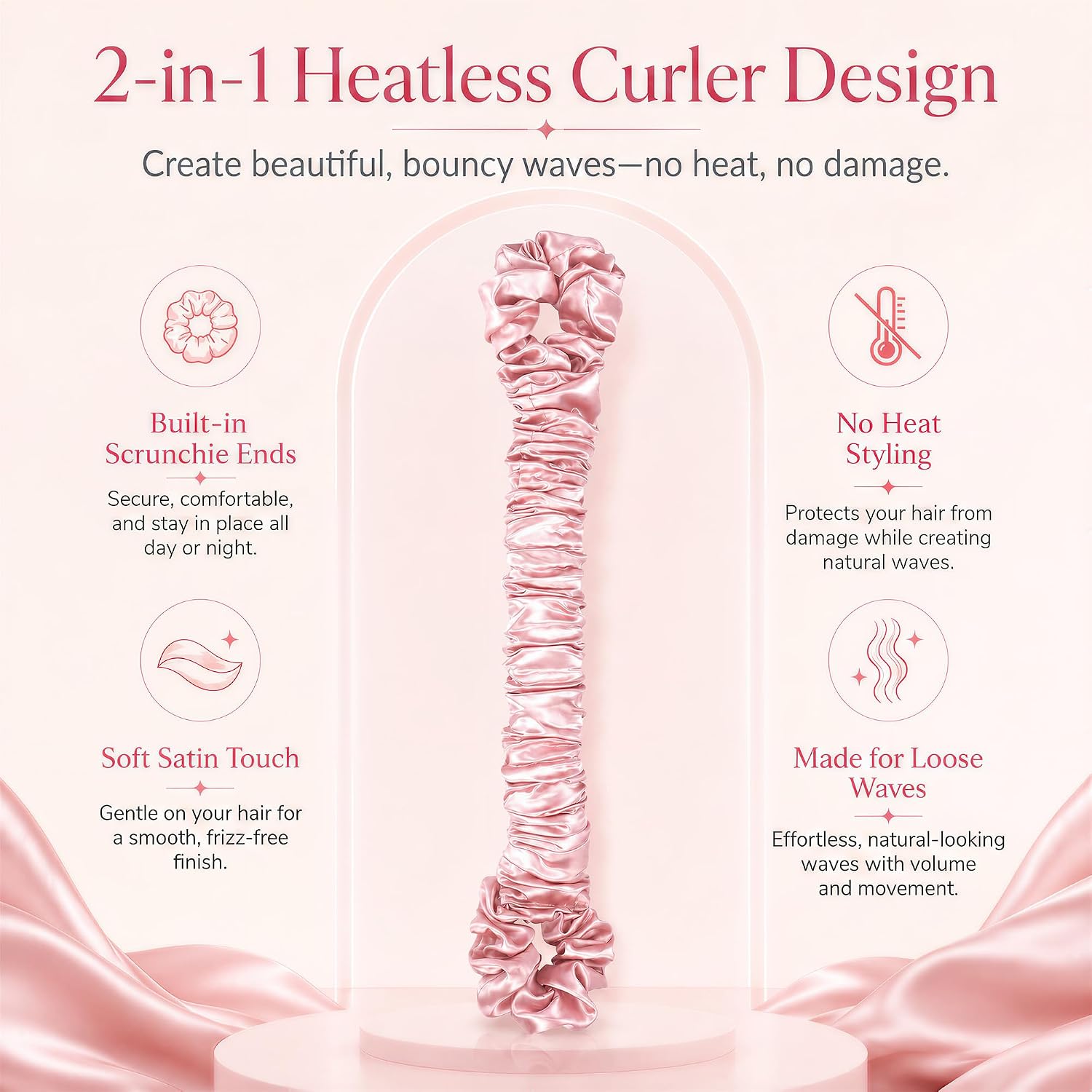 Multi-function Satin Heatless Hair Curler, No Heat Blowout Curling Rods, Sleep Scrunchie with Built-in Scrunchie Ends, Soft Sleep In Styling Tool for Full Bouncy Curls - Pink