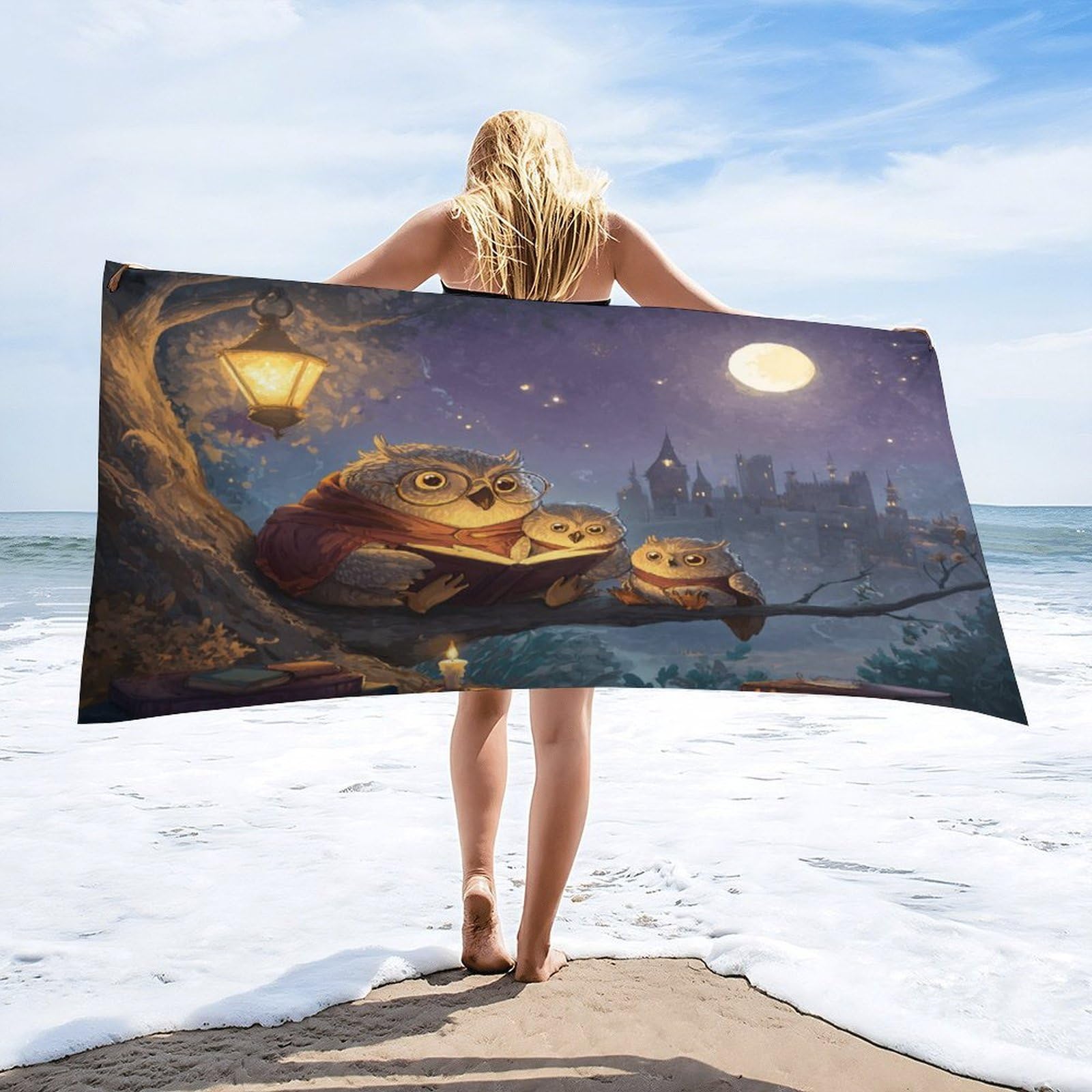 Luyysky Funny Modern Cute Owl Quick-Drying Beach Towel, Mid Century Retro Full Moon Starry Sky Galaxy Castle Animal Owls Travel Vacation Single Sided Pile Bathroom Towels-80 W Cm X 160" L Cm