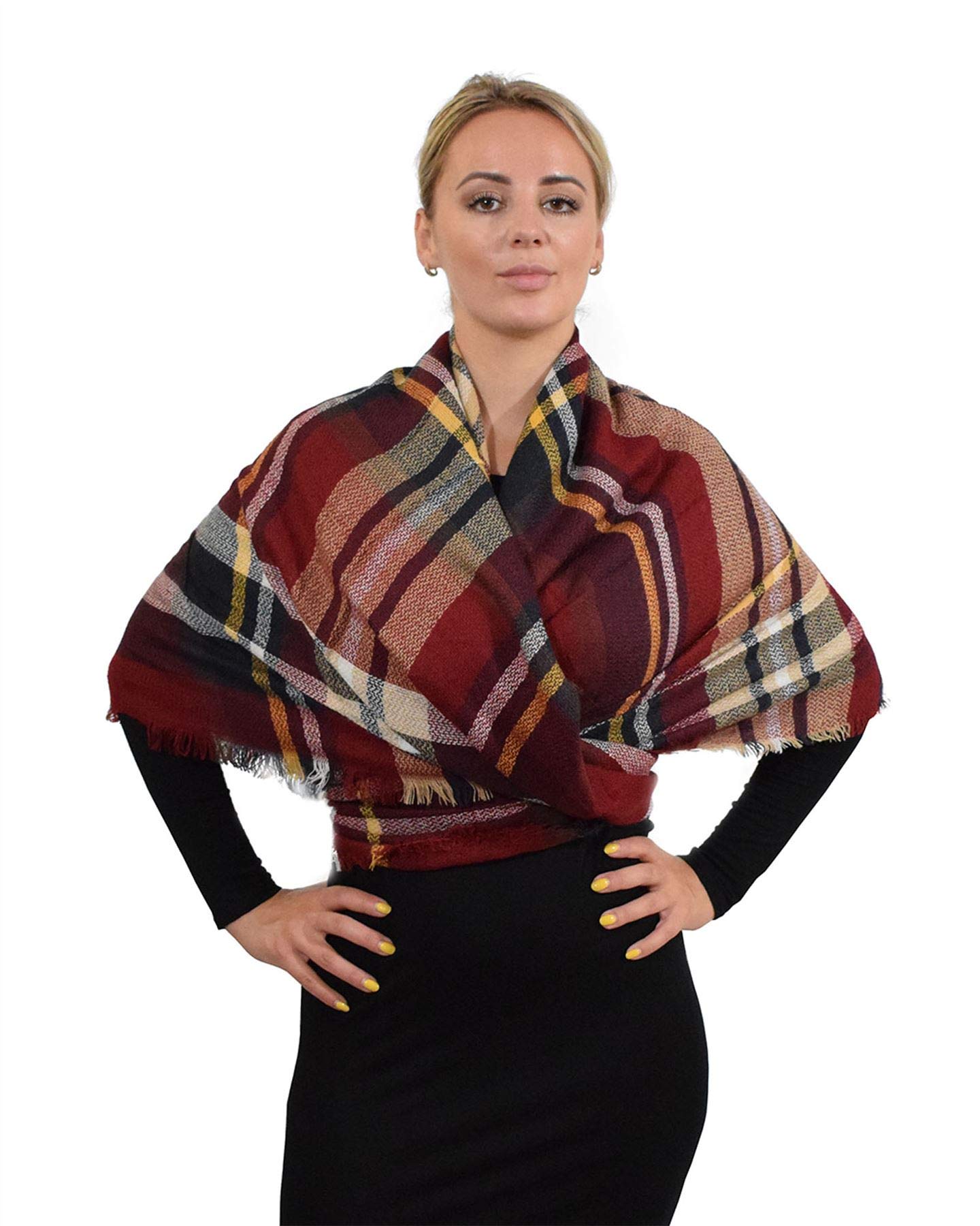 Basic Sense Women's Red Winter Tartan Check Square Blanket Scarf,