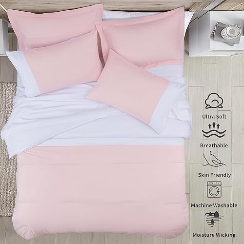 Miniatura 3 de Kingsley trend Juego de edredón King de 7 piezas, ropa de cama tamaño King en bolsa, reversible, rosablanco, con edredón, sábanas planas y bajeras,