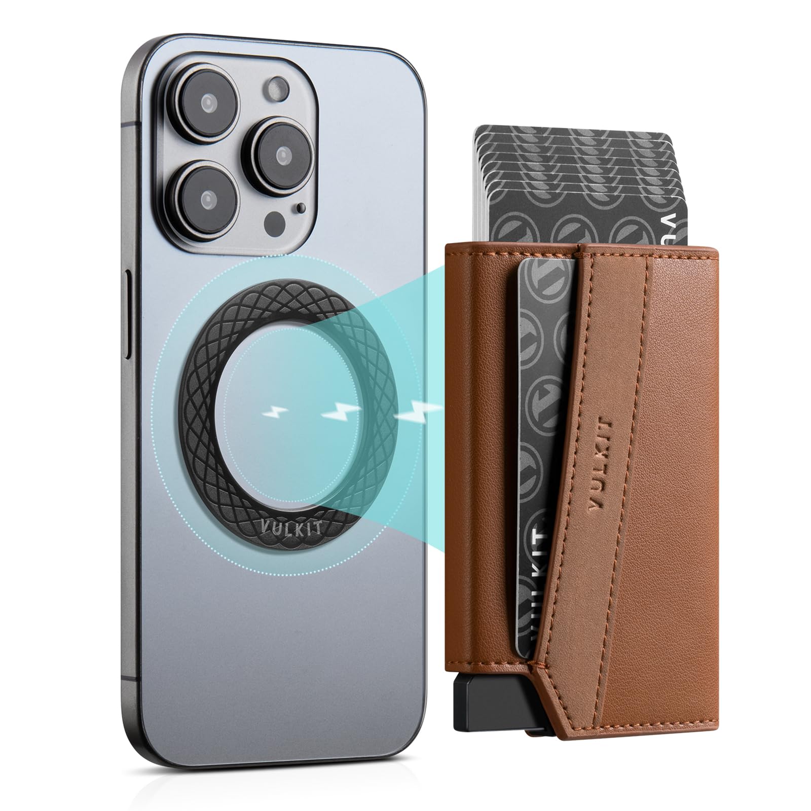VULKIT Magnetic Pop-Up Wallet for Max. 8 Cards, Compatible with iPhone 12 Serie or higher, Includes Magnetic Ring, Packed in Gift Box, Classic Brown