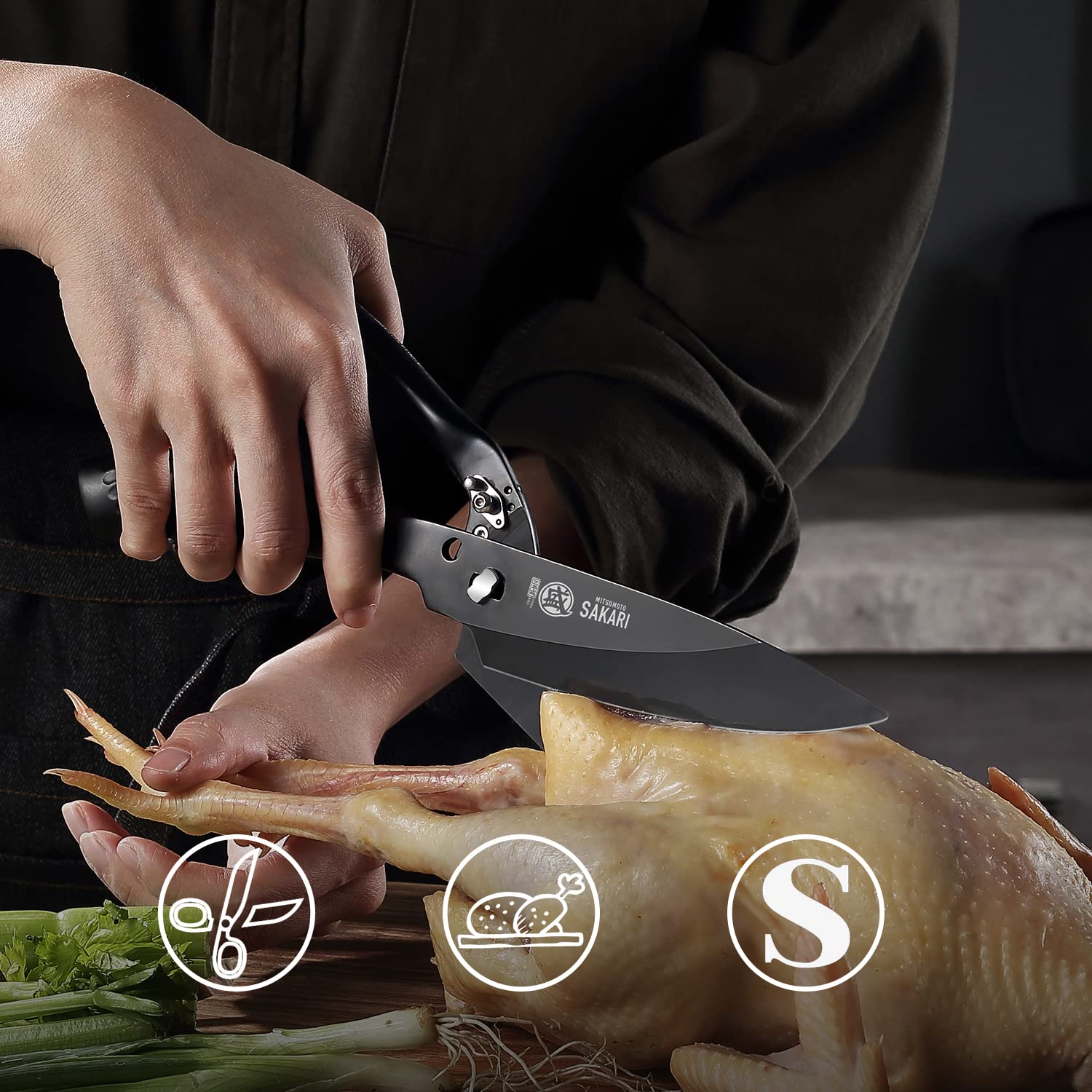 MITSUMOTO SAKARI 12 cm Japanische Küchenschere | Schwarz Titanbeschichtete Hochleistungs-Küchenschere, Mehrzweck-Edelstahl-Geflügelschere für Huhn, Fleisch, Gräten, Fisch