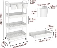 Vista 2 de JIUYOTREE 4-Tier Plastic Rolling Storage Cart Utility Cart with Extra Hanging Cups Handles Lockable Wheels for Living Room Bathroom Kitchen Office