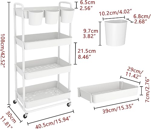 Miniatura 2 de JIUYOTREE 4-Tier Plastic Rolling Storage Cart Utility Cart with Extra Hanging Cups Handles Lockable Wheels for Living Room Bathroom Kitchen Office