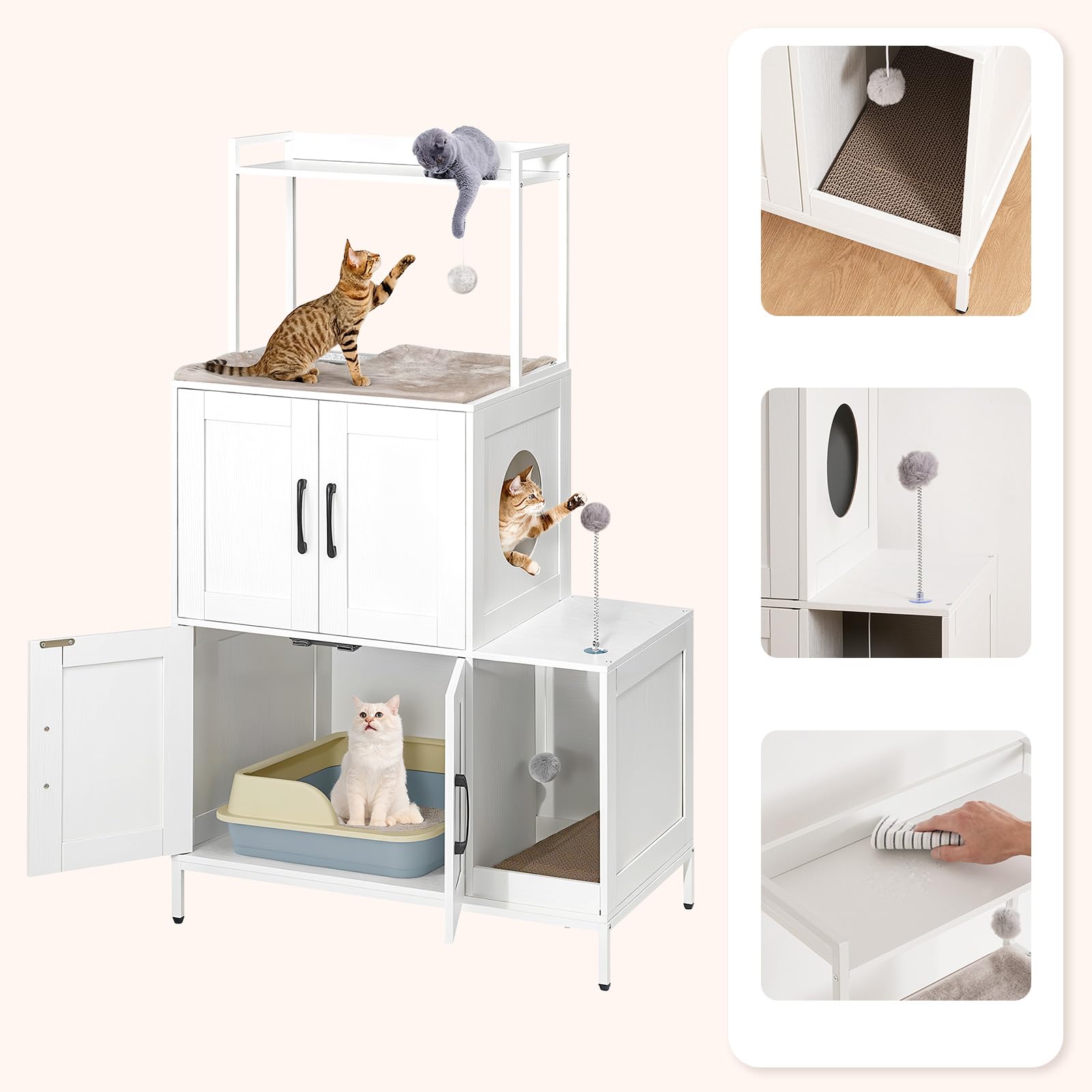 HOOBRO Maison de Toilettes pour Chats, Meuble pour Animaux avec Rangement et Étagère, avec 2 Boules en Peluche Suspendues et 1 Balle de Jeu, Litière pour Chats d'Intérieur, Blanc EWT78MW01