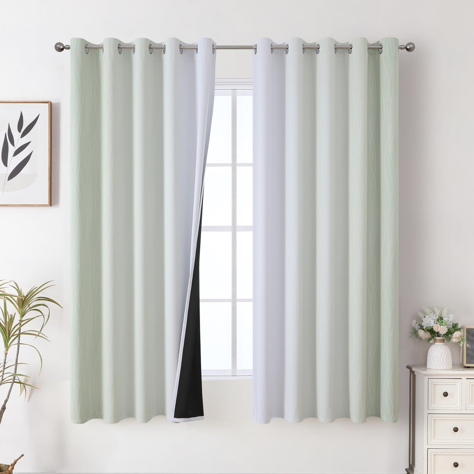 Sage Green and Greyish White Ombre Blackout Curtains for Bedroom 63 Inch