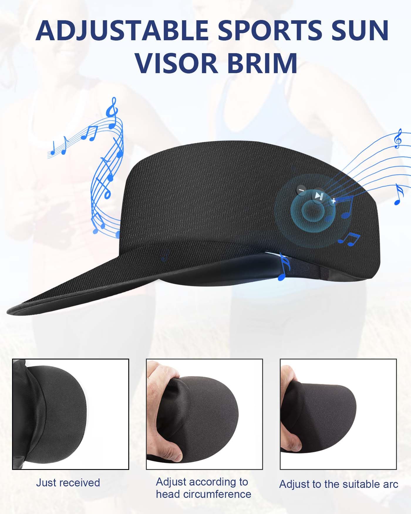 Sun Visor Hat with Bluetooth Headphones for Women/Men, 2024 New Bluetooth Hat with Type-C for Running/Golf/Tennis, Tech Gifts for Men/Women/Boys/Girls Black