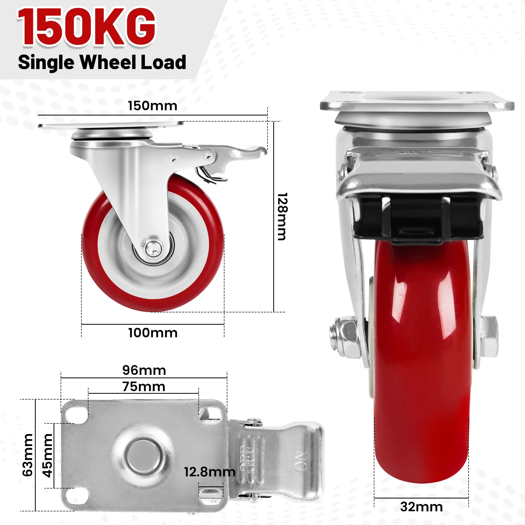 Set 4 Ruote per Carrello Carichi Pesanti, Ruote per Spostare Mobili con Freno - 100 mm - 600 kg- Gomma Piena Silenziosa - Rotelle per Interno/Esterno