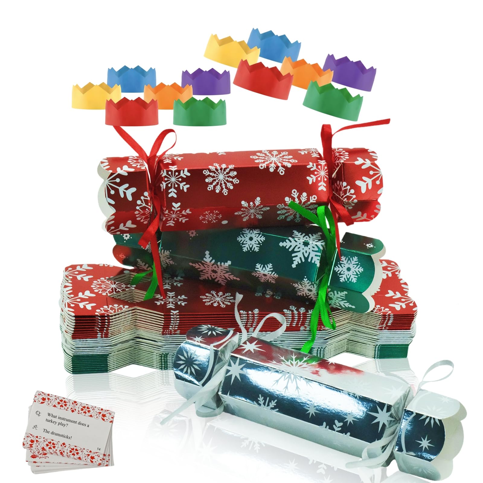 DIY Christmas Crackers Gift Boxes with Hat/Joke,30P Silver Green Red Christmas Party Crackers Bulk No Snap,Make Your Own Cracker Kit for Kid Adult,Family Cracker Fill Your Own Candy Novelty CrackerBox