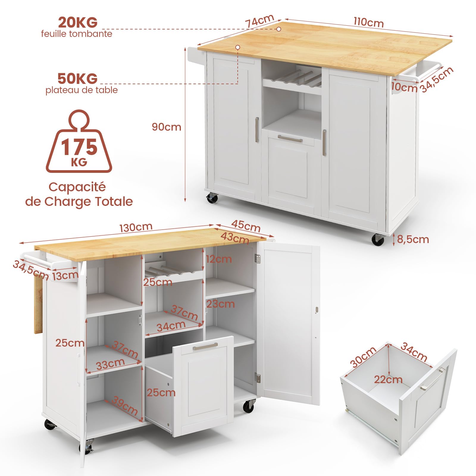 COSTWAY Desserte de Cuisine sur roulettes, Ilot Central Cuisine avec Plan de Travail Extensible Rabattable en Bois d'hévéa, Chariot de Service avec Tiroir, Porte-Bouteilles, Porte-Serviettes (Blanc)