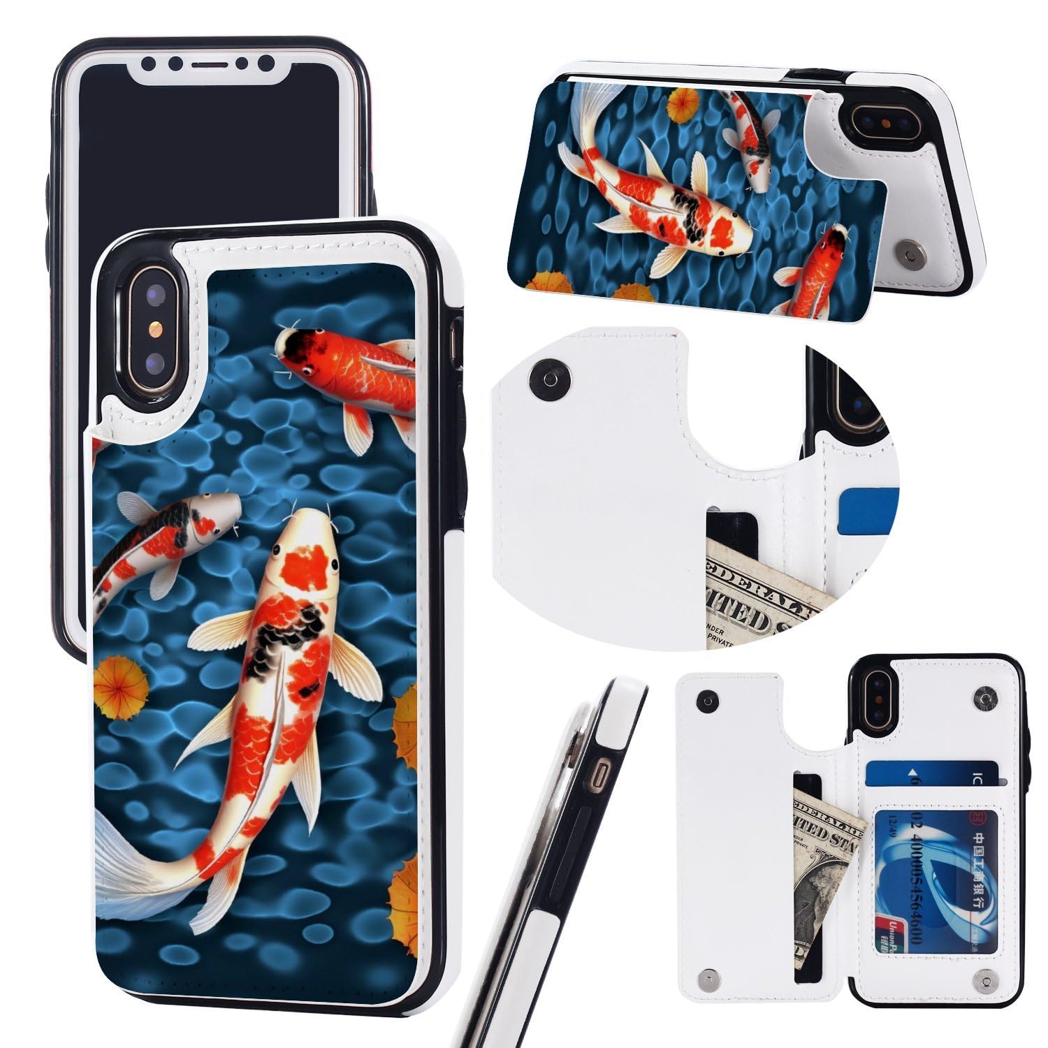 Etui portfelowe na iPhone'a X/XS, japońska ryba krajobraz nadruki skórzane etui na telefon z klapką z uchwytem na karty