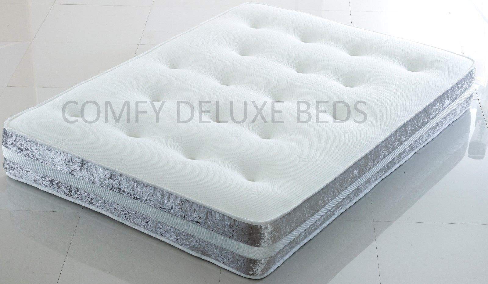 Comfy Deluxe LTD MEMORY FOAM ORTHO SPRUNG MATTRESS SILVER CRUSHED VELVET 3D BORDER (4FT6 DOUBLE)