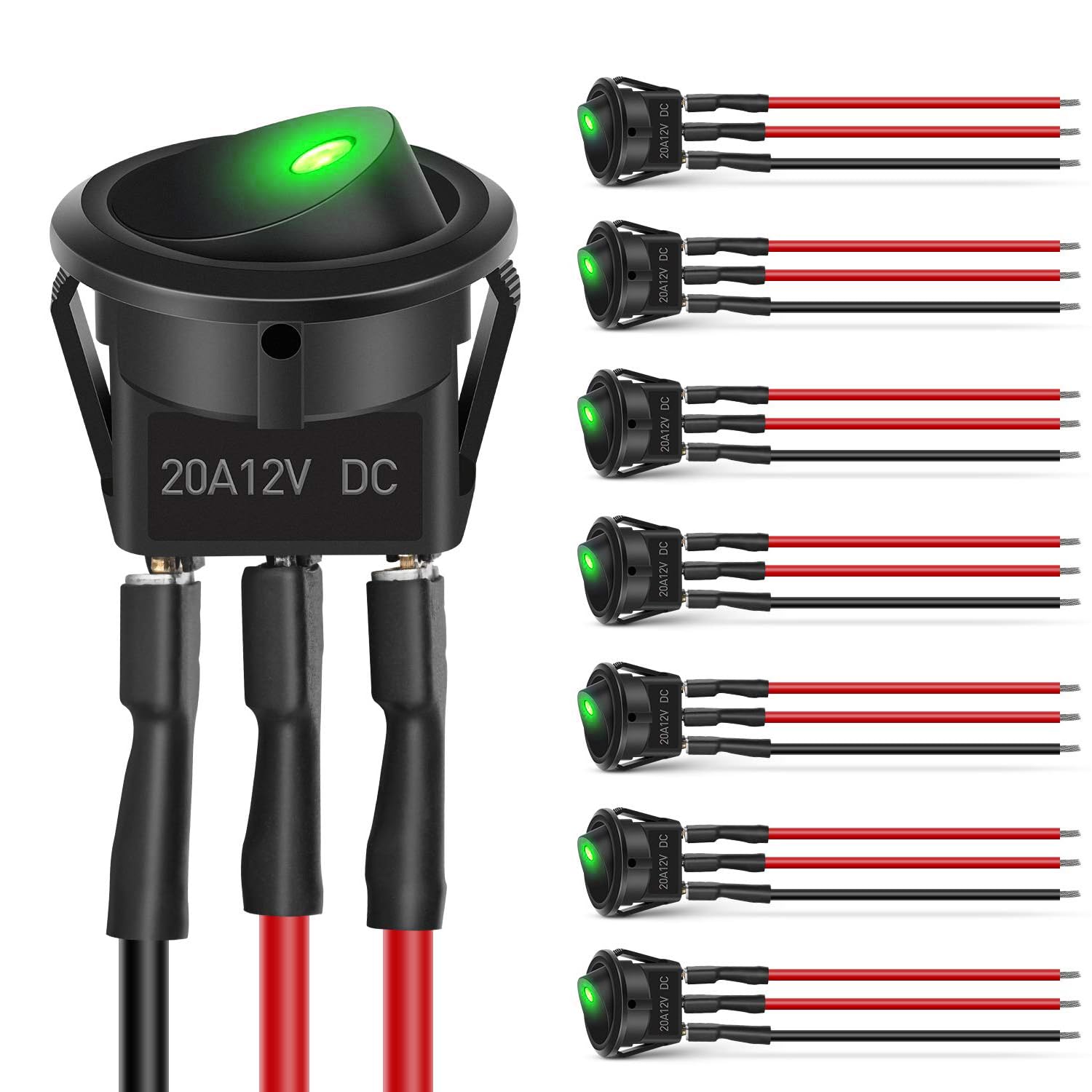 Nilight 8PCS Round Rocker Switches 12V 24V 20A Green with 16AWG Wires