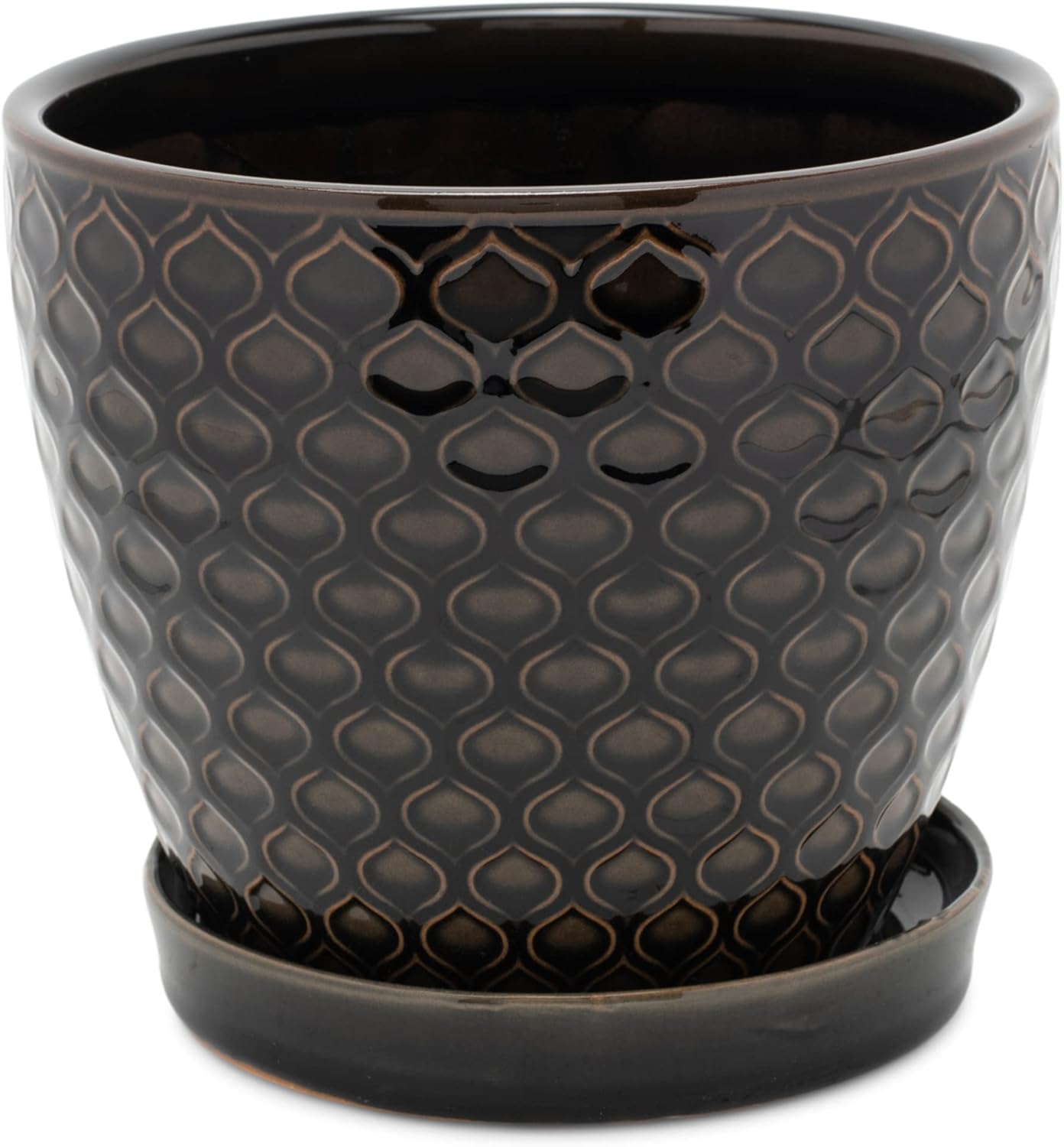 Napco Lattice Black Glazed 5.25 x 6 Inch Ceramic Flower Pot Planter with Saucer