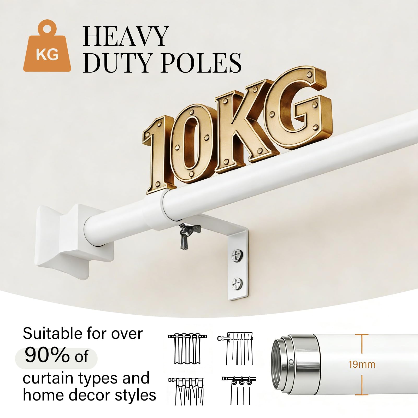 WELDUN Bastone per tende in metallo, estendibile - Bianco - 80–156 cm - Diametro 19 mm - Robusto - Con supporti - Decorazione per camera da letto, soggiorno o cucina - Bianco