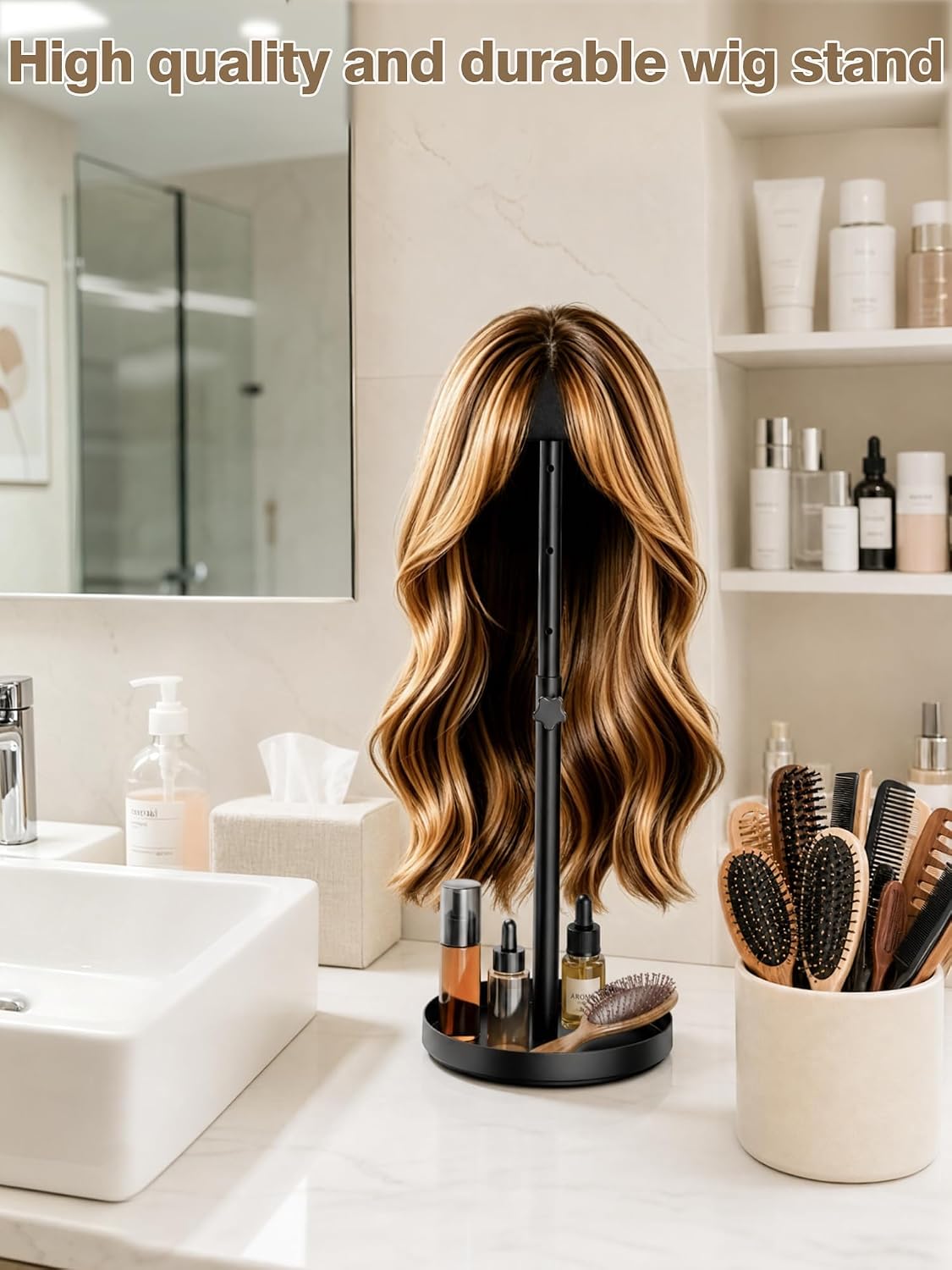 1 Pack Adjustable Height Metal Wig Stand with Storage Tray, for Long Wigs