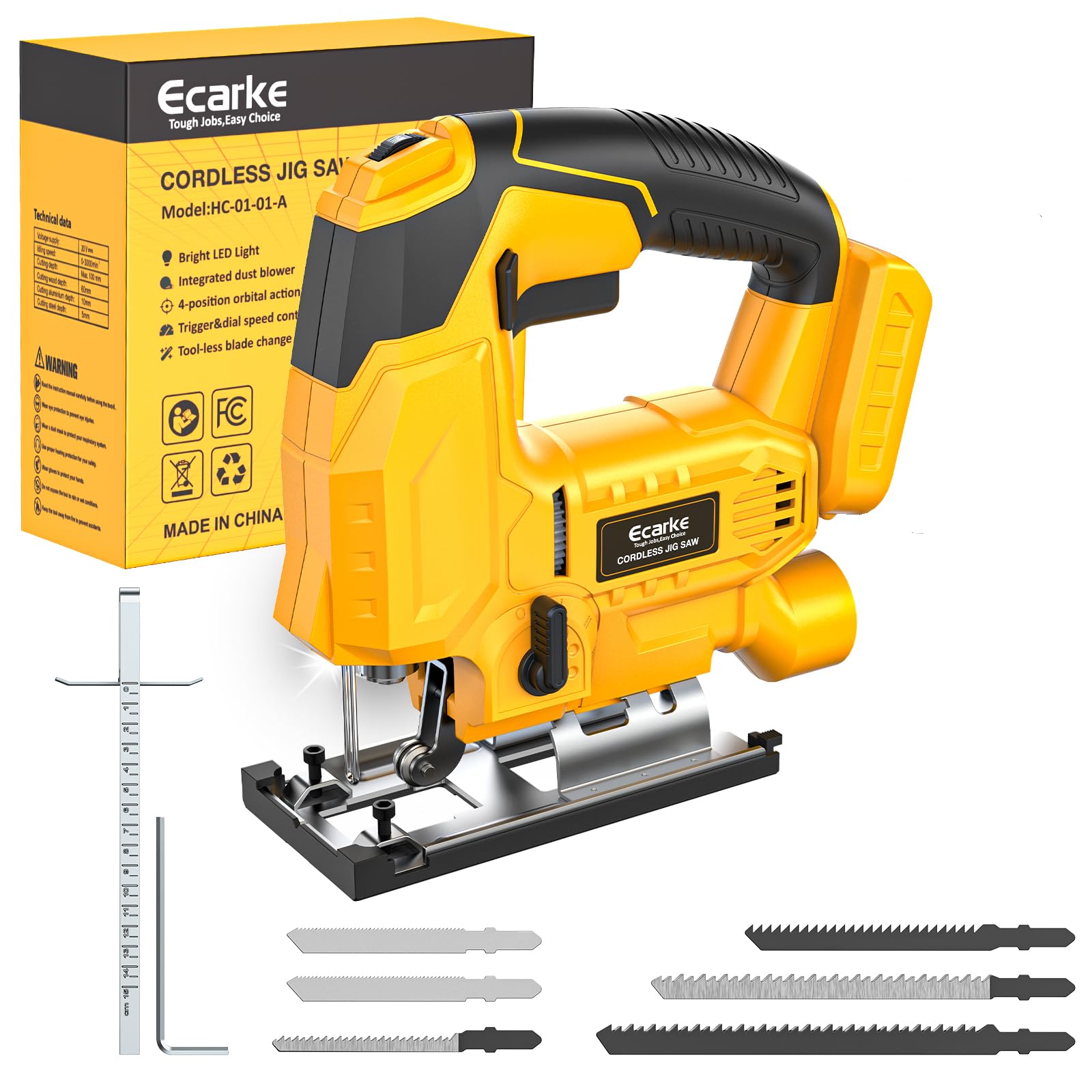 Ecarke Cordless Jig Saw Compatible With Dewalt 20V Battery, 4 Orbital Sets, 6 Variable Speeds Control, Dust-Blowing, ±45° Bevel Cuts, LED Light and 6PCS Blades for Straight Curve Cutting, Tool Only