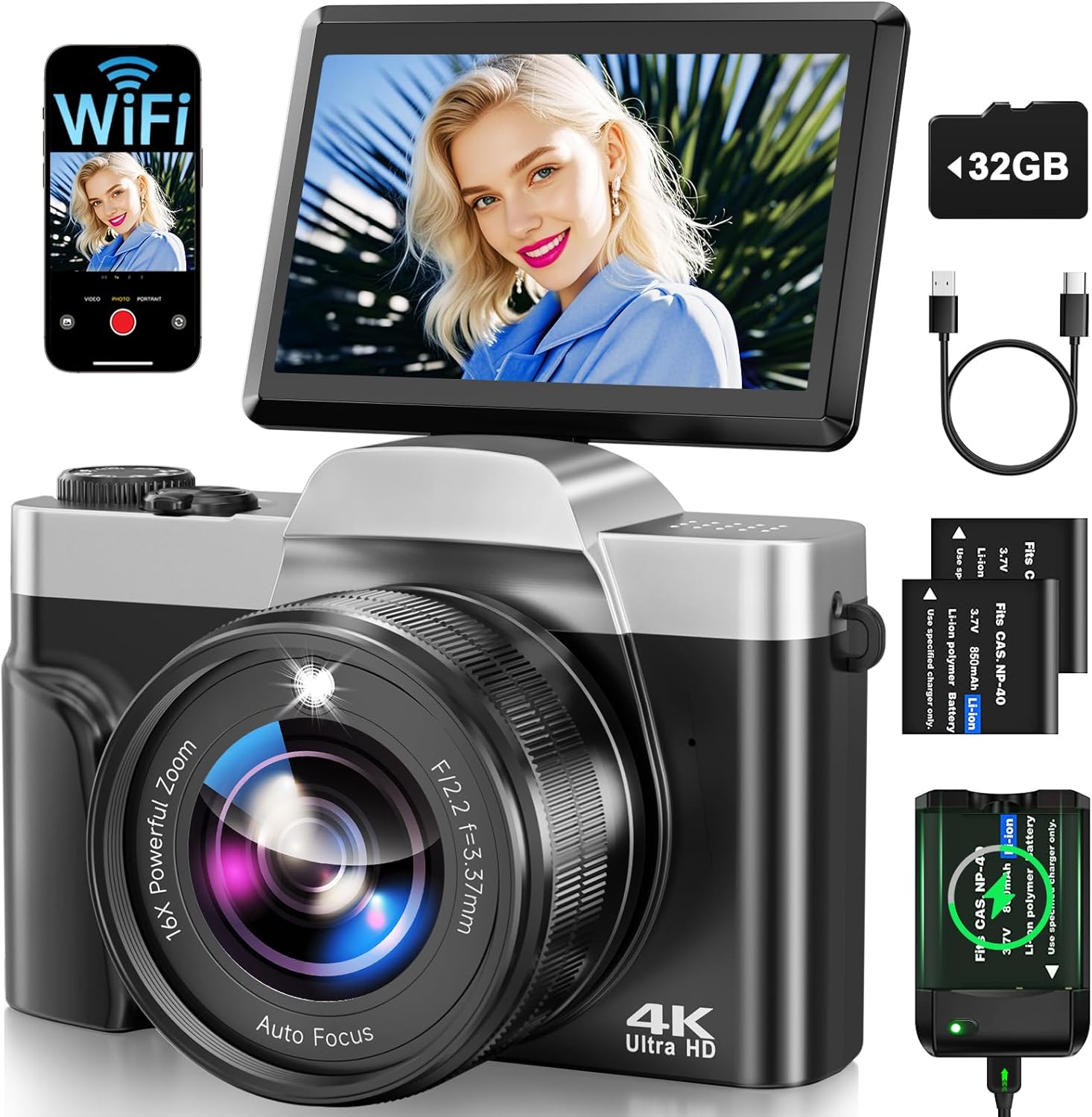 4K Digital Camera for Photography with WiFi 64MP Auto-Focus Vlogging Camera for YouTube Video 3'' 180° Flip Screen 4K Cameras 16X Zoom Anti-Shake Compact Point
