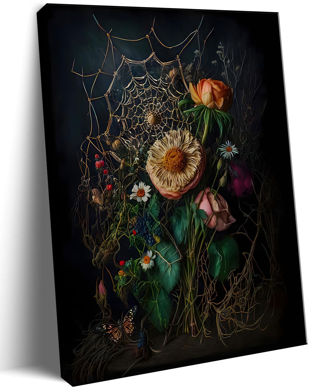 SVRXART Gothic Wall Art - Dark Academia Decor - Framed Victorian Poster - Moody Vintage Botanical Floral Canvas Prints - Retro Plant Painting Home Decor for Room Aesthetic Bedroom 16"x24"
