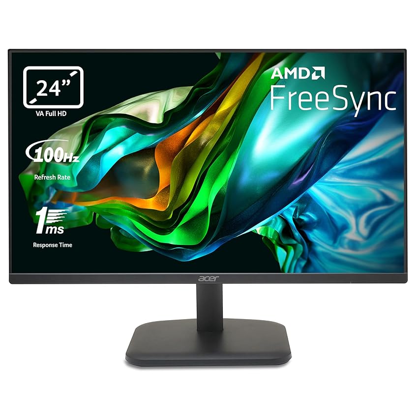 Immagine del prodotto Acer EK241YHbif Monitor PC 24'', Display VA Full HD, 100 Hz, 1 ms (VRB), 16:9, FreeSync, VGA, HDMI 1.4, Lum 250 cd/m2, Schermo PC con Contrasto 100M:1, ZeroFrame, Cavo HDMI Incluso, Nero