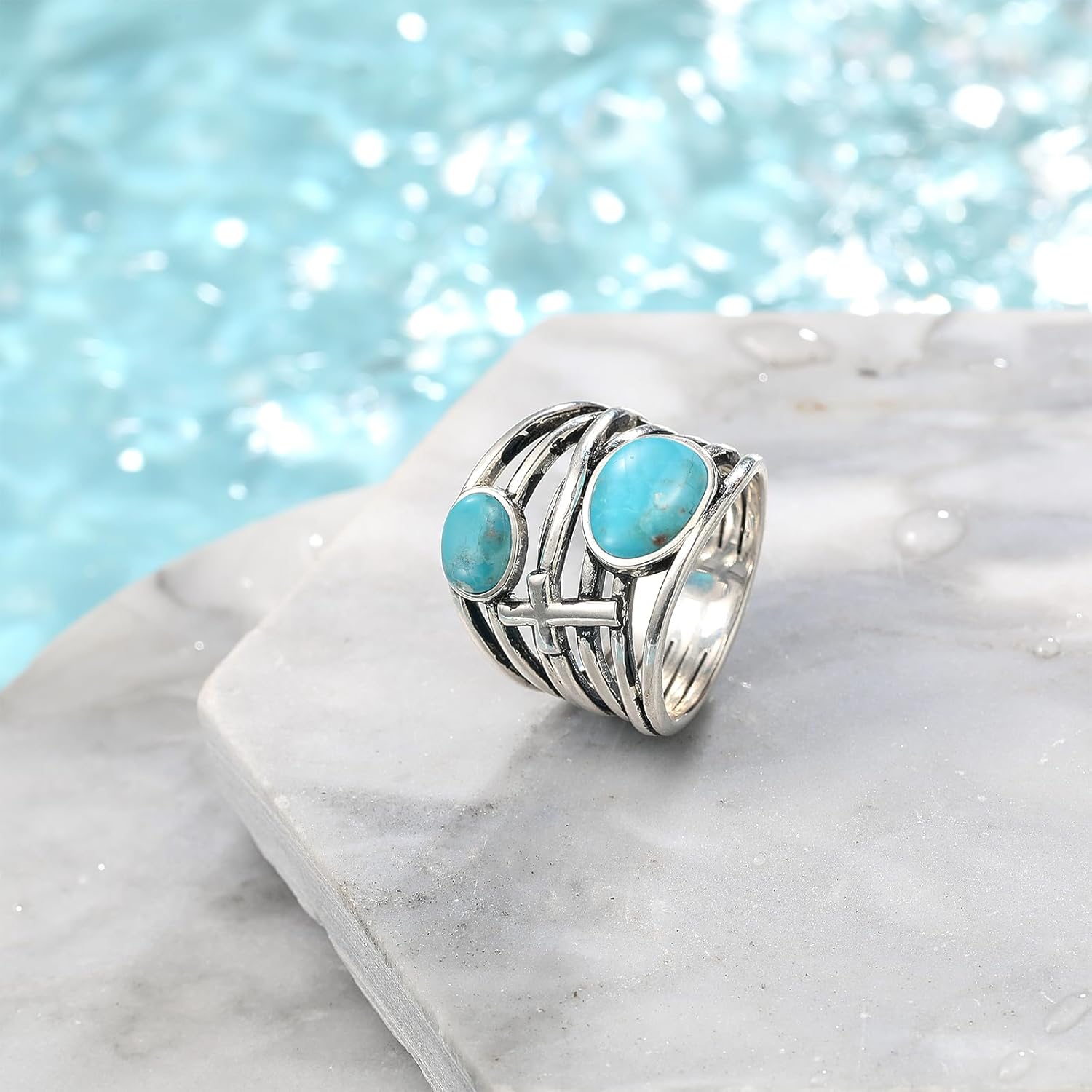 Turquoise Rings for Women, Silver Turquoise Engagement Ring with Cross, Handmade Statement Band Jewelry Gift, Size 6-9 - Image 6