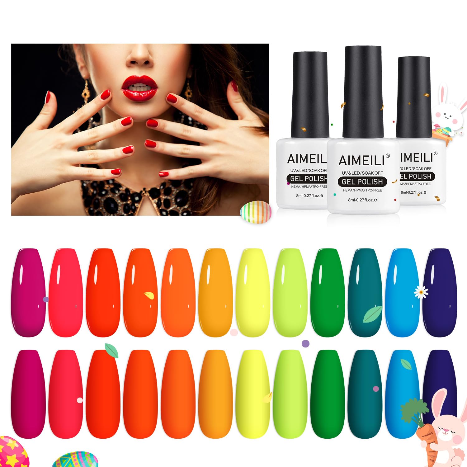 Neon Gel Nail Polish Set, Hema Free, Cruelty Free, Vegan, Summer Nails Orange Hot Pink Blue Yellow Green Purple Gel 12 Colors Kit Set 23
