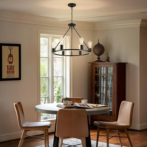 Miniatura 9 de Senyshilon Wagon Wheel - Candelabros de 6 luces industriales redondos de 23.6 pulgadas de metal negro rústico para cocina, isla, comedor,