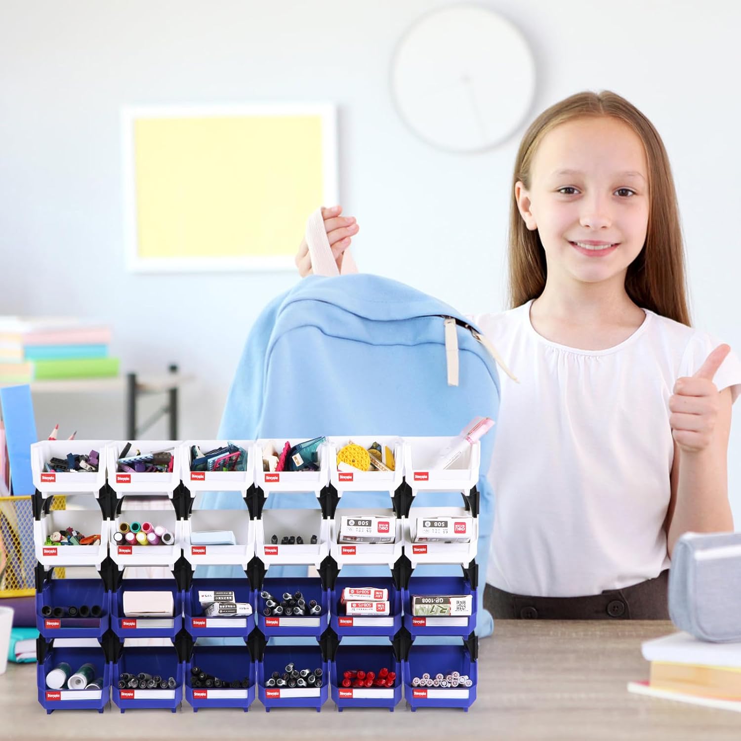 Plastic Storage Bins 24 Packs, Space-Saving Stackable Parts Bins for Garage,Tools, Small Parts Organization Bin-5x4x3 Inch (Blue & White)