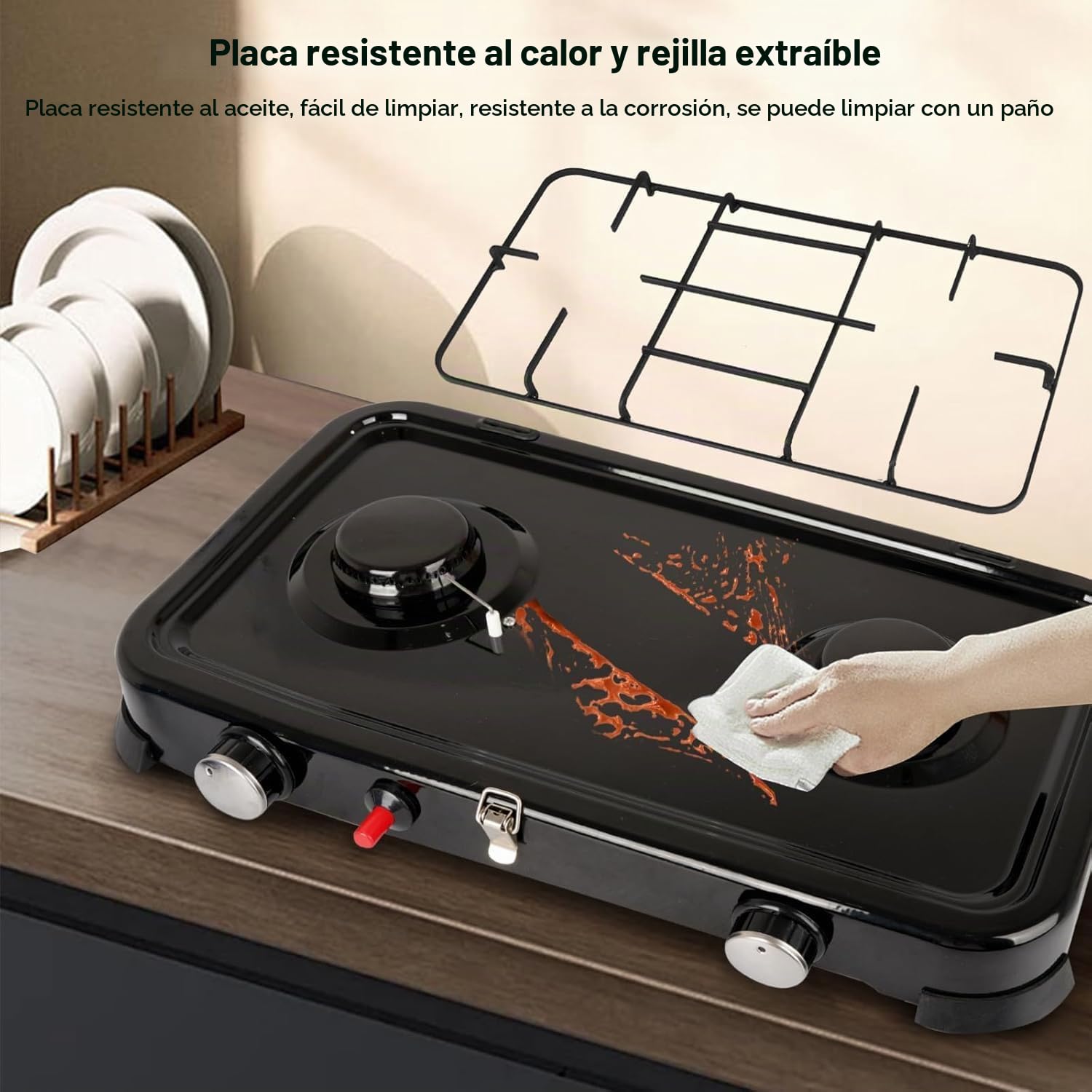 Cocina Gas Portátil 2 Fuegos 4,4 kW, Hornillo Camping Gas Butano con Encendido Piezoeléctrico, Manguera 150 cm y Regulador 37 mbar, Tapa Extraíble para Camping y Barbacoa, Negro