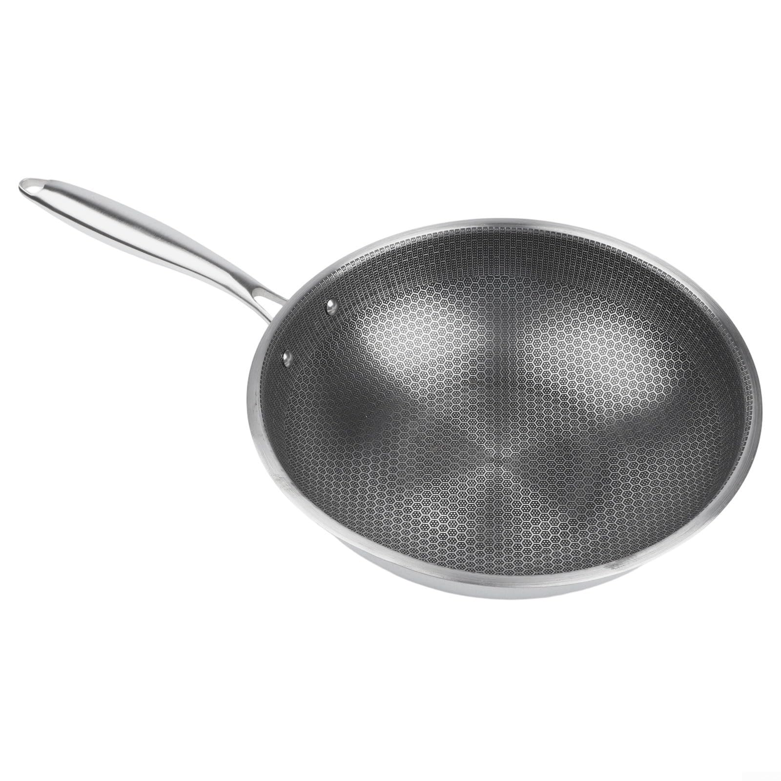 Wok in acciaio inox con rivestimento antiaderente – senza PFAS, motivo a nido d'ape antigraffio, lavabile in lavastoviglie, per forno a induzione a gas, 30 cm, argento (32 x 32 x 11 cm)