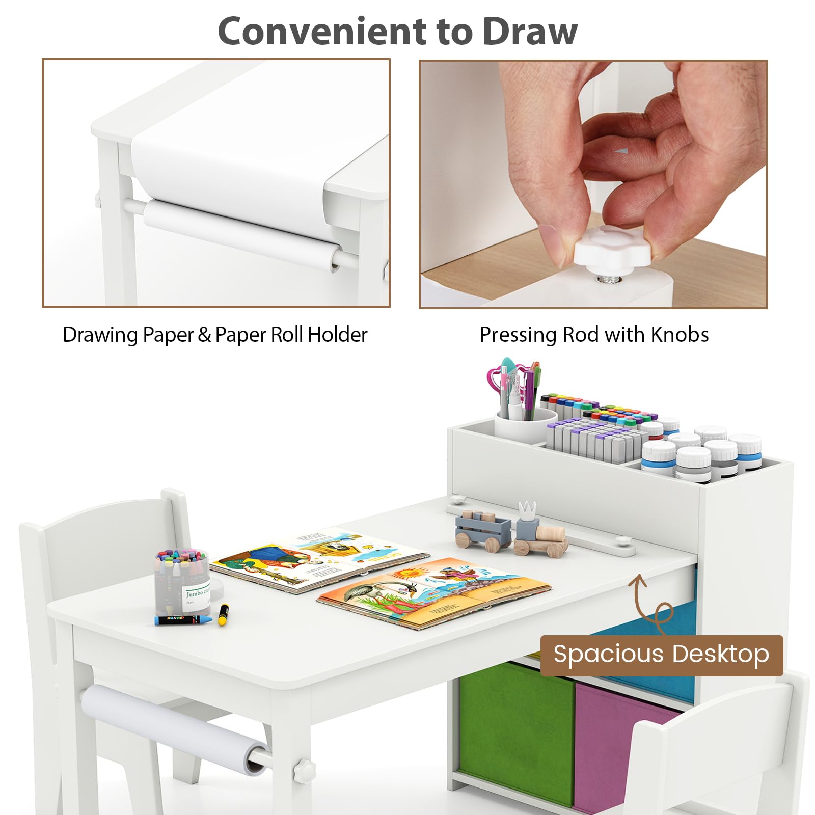 LIFEZEAL Kindertisch mit 2 Stühlen, Kinder Spieltisch und Stühle Set mit Papierrollen und 4 Stoffablagekörben, kindersitzgruppe Aktivitätstisch zum Malen, Schreiben für Mädchen & Jungen (Weiß)