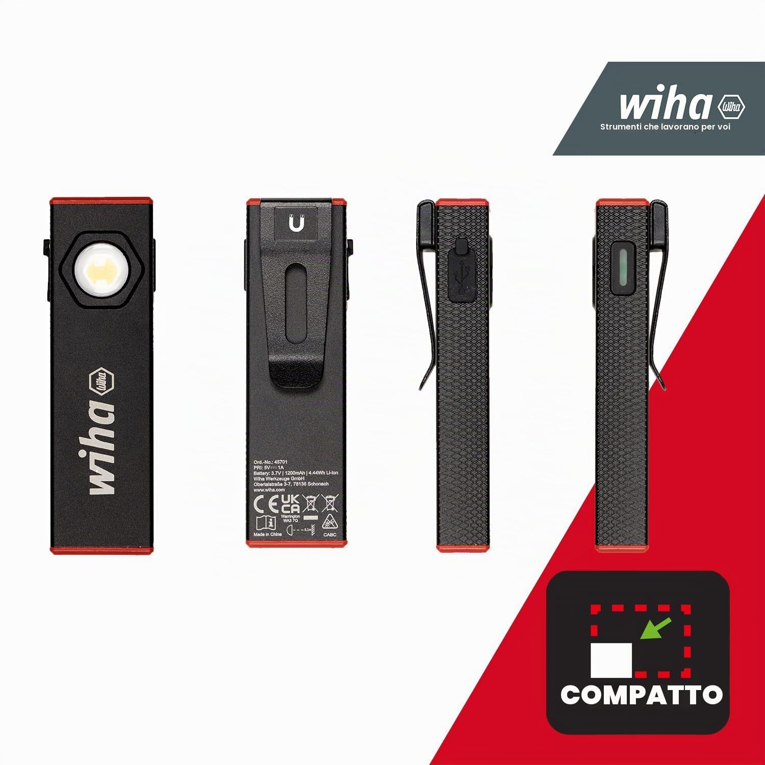 Wiha Lampada a mano, 800 lm, 5 modalità di illuminazione, lampada da officina, ricaricabile, torcia a LED, super luminosa, lampada da lavoro, ricarica USB-C (45701)