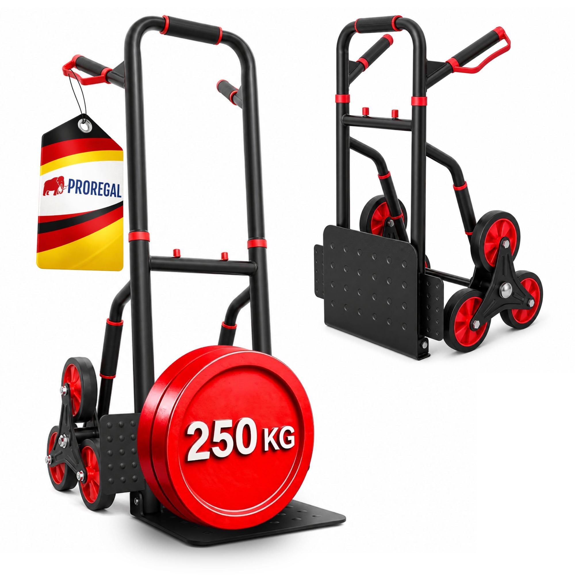 PROREGAL Carrello professionale pieghevole per scale TAURUS 250 | AxLxP 115x52x63cm | Portata 250kg | Telaio in acciaio, maniglie ergonomiche, ruote in gomma TPR | Rosso-Nero