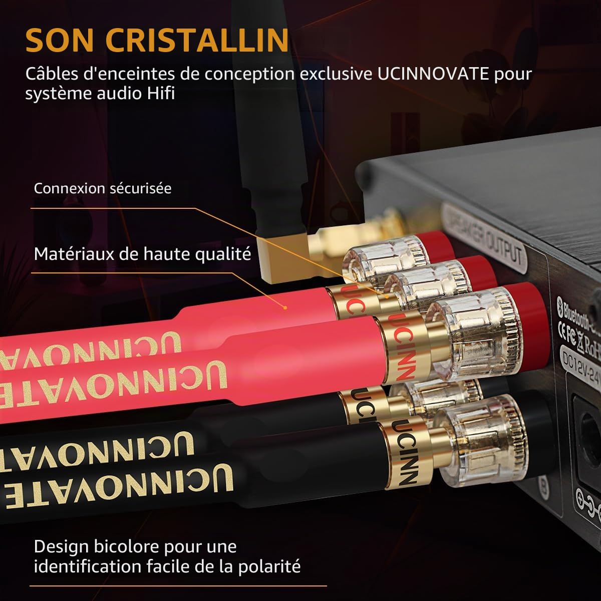 Lot de 2 câbles de haut-parleur HiFi OFC avec fiches bananes, audiophiles - 4 m - Avec fiches banane plaquées or - 600 torons - 14 AWG - Pour haut-parleurs audio, systèmes Hi-Fi, home cinéma