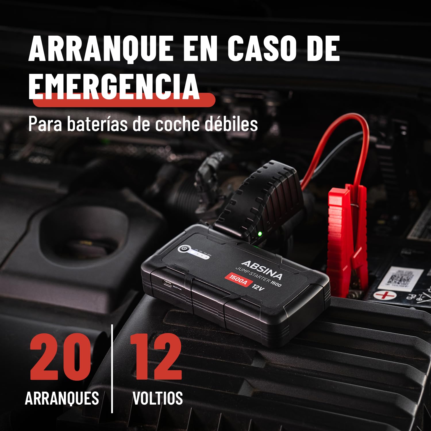 ABSINA Arrancador de baterias Coche 1500A | Arrancador coche portatil 12V adecuado para 6L Gasolina & 4L Diesel - Booster con 2 Puertos USB & Linterna - bateria