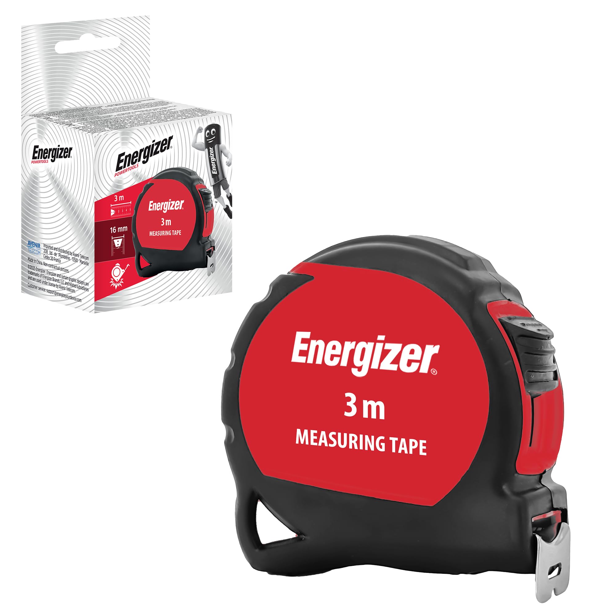 Energizer Tape measure 3 m, metric system, black and red, Bi Materia Tylon, ergonomic housing, lacquered steel tape with 16 mm hook, tape lock - Automatic return
